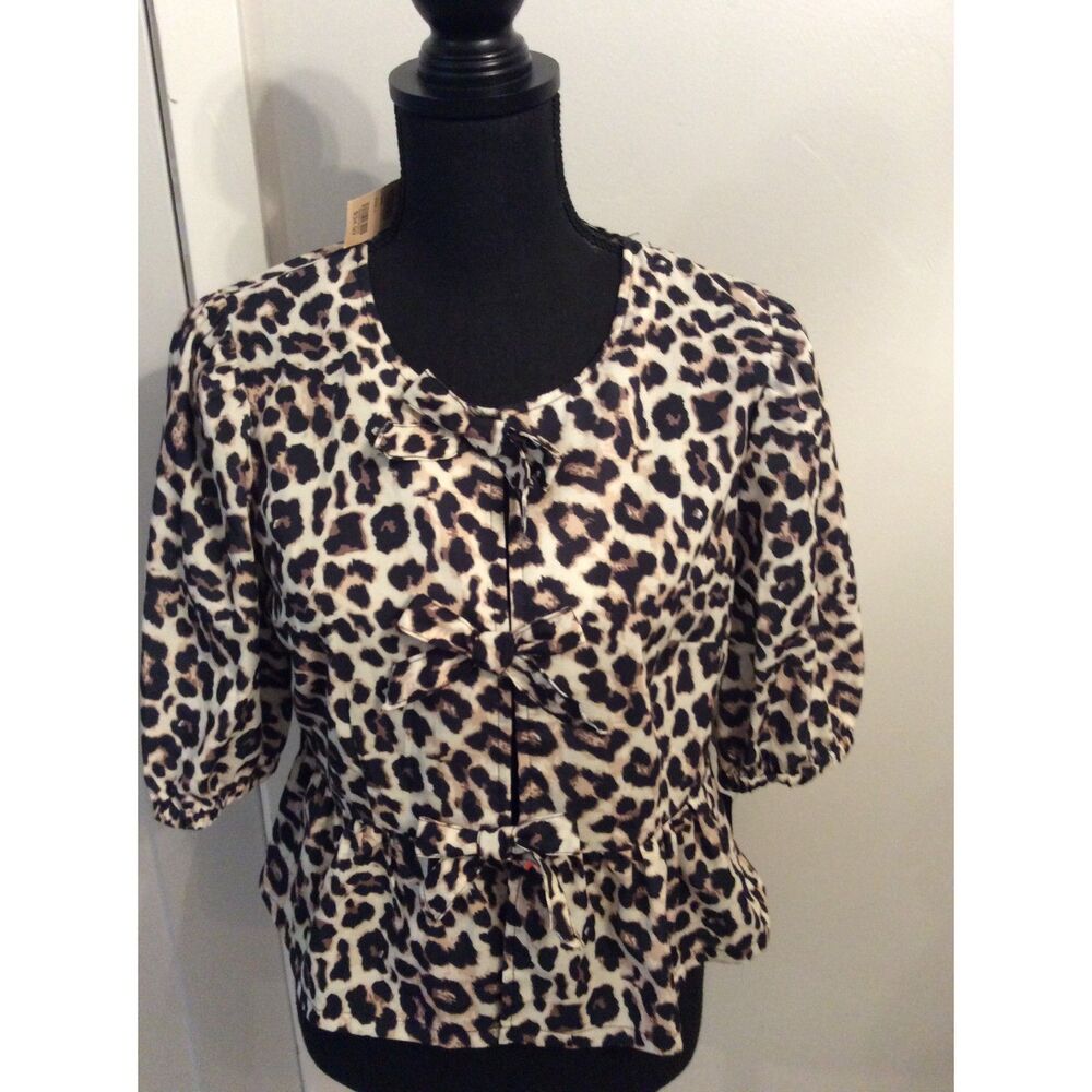 New NWT Leopard Print West of Melrose Tie Bow Peplum Top Large L
